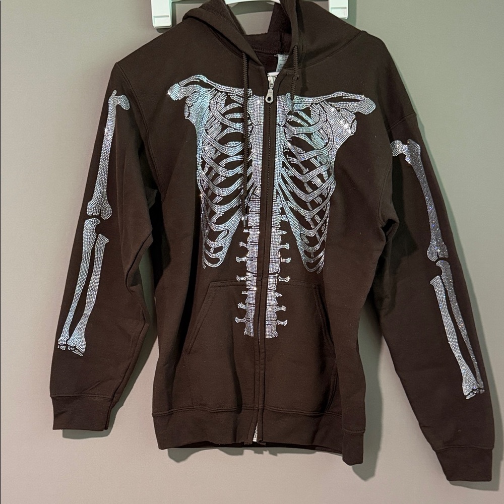 Rhinestone Skeleton Fashion Gothic Women Men Hoodie Sweatshirt Full Zip Jacket S